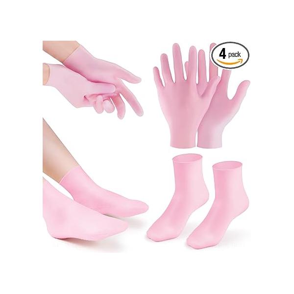Pink Silicone Moisturizing Socks & Gloves (1 Pair Each) for Intensive Hydration, Roughness Relief Callus Treatment, Hydrating Skin Care Dry, Cracked Hands Feet, Suitable Most Sizes