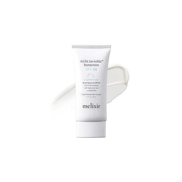 Melixir Airfit Invisible™ Sunscreen SPF 50, Broad Spectrum Korean Rice for Face, Hyaluronic Acid, Moisturizing Daily Protection Sensitive Skin, No White Cast, Waterproof (1.7fl.oz./50ml)