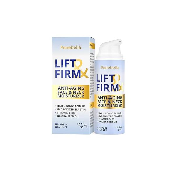 Face & Neck Cream for Tightening and Firming - Hyaluronic Acid 4D, Vitamin E + B5, Elastin Made in Europe Lift Firm Moisturizer Anti Aging Treatment All Skin