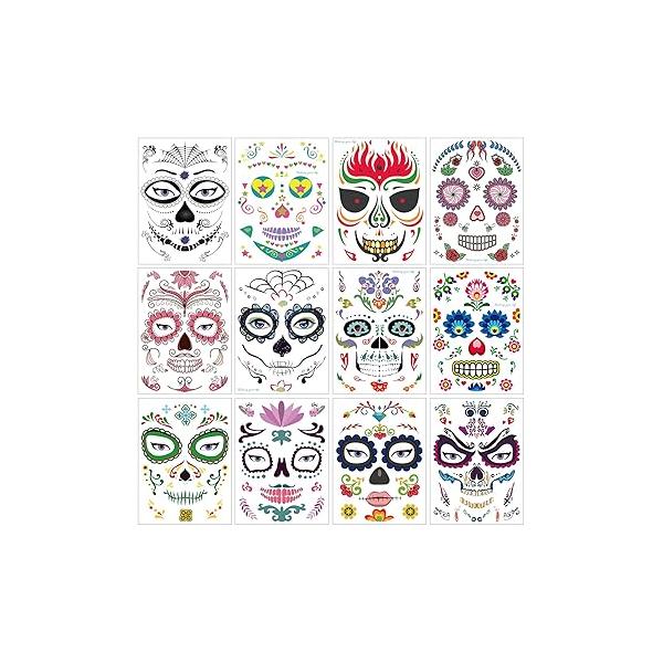 Halloween Temporary Face Tattoos (12Pack), Konsait Day of the Dead Sugar Skull Floral Black Skeleton Web Red Roses Full Mask Tattoo for Women Men Adult Kids Boys Party Favor Supplies