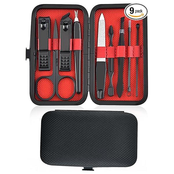 Professional Manicure Pedicure Set, 9 in 1 Stainless Steel Nail Clipper Set Personal Care Tools with Portable Packaging Case, Premium Gift for Men Women (Red)