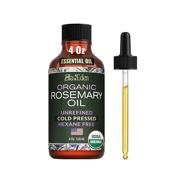 Ella & Eden Rosemary Oil for Hair 100% Pure, Cold-Pressed, Hexane-Free | USDA Certified Organic Essential Skin Aromatherapy in a Glass Bottle, 4 Oz