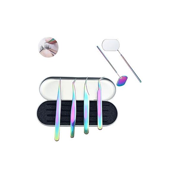 ZECNG DIY Eyelash Extension Clip and Lash Mirror Set, Rainbow Color Detachable Stainless Steel Makeup 45°Angle Design Hand Extensions Accessories for Supplies