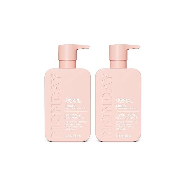 MONDAY HAIRCARE Smooth Shampoo + Conditioner Bathroom Set (2 Count) 12 oz Each For Frizzy, Coarse & Curly Hair Made with Coconut Oil, Shea Butter Vitamin E 100% Recyclable Bottle Pink
