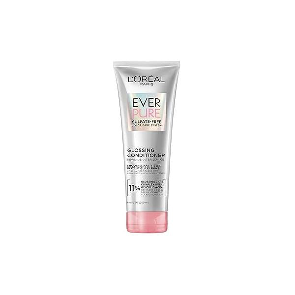L'Oreal Paris Glossing Sulfate Free Conditioner with Glycolic Acid, Hair Care for Lasting Shine and Smoothness Dull, Dry Hair, EverPure, 6.8 Fl Oz