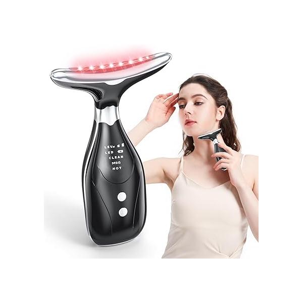Red-Light-Therapy-for-Face-and-Neck, 7 Color Facial Massager Tool for Wrinkles, Double Chin, Vibrating Face Sculptor with Thermals Skin Care, Glossy Black