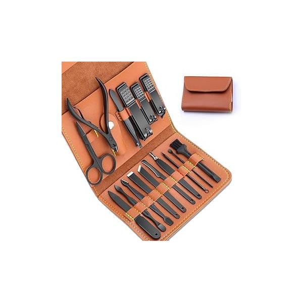 Manicure Pedicure Kit, Nail Clippers Set, Fingernail and Toenail Clipper Cutters, 16 Pieces Stainless Steel Professional Care Tools with Travel Leather Case for Men Women Gift