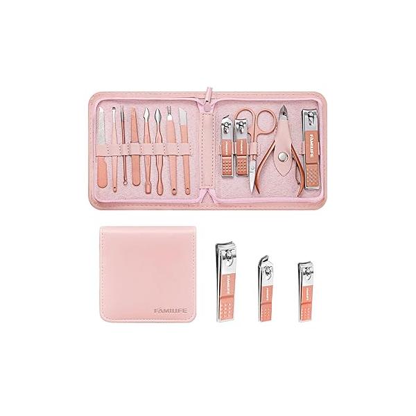 FAMILIFE Manicure Set, Nail Professional Kit Kits Clipper Sets, 13PCS Stainless Steel Pedicure Sets Mens Grooming Tool, with Brown Leather Travel Case for Men