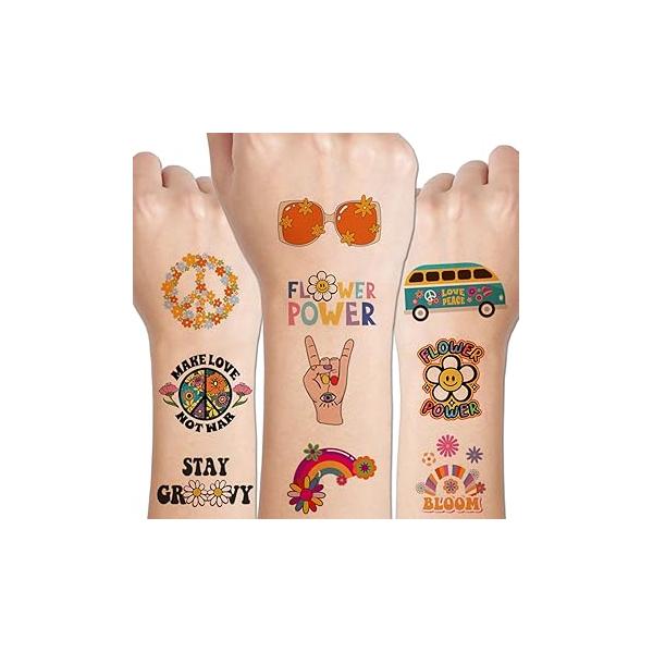 Hippie Temporary Tattoos for Kids - 79 PCS Groovy 70s Flower Power Peace and Love Boys Girls Birthday Party Supplies