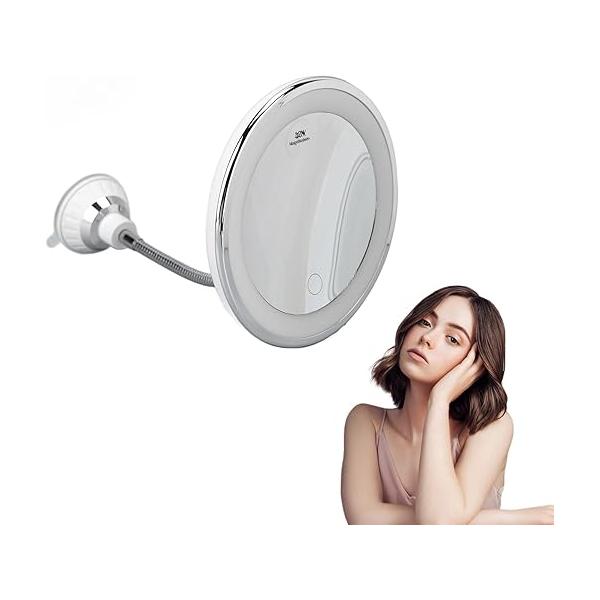 Zetiling 10x Magnification LED Makeup Mirror, Wall Mount, Round, 17.3"L x 6.9"W, Black Frame, Modern Style, Adjustable Brightness, Three Light Colors, Suction Cup Design