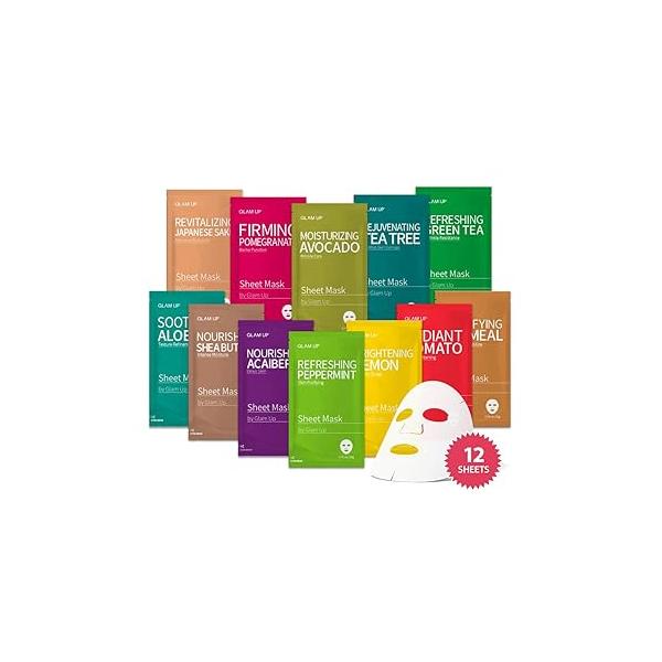 GLAM UP Premium Facial Sheet Mask 12 Combo (Pack of 12) | Clean Face Masks Skincare, Hydrating Masks, Moisturizing, Soothing, Beauty For All Skin Type Variety Set