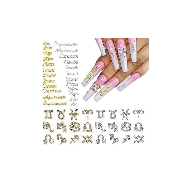 JERCLITY 48 Pieces Gold Silver Alloy Zodiac Nail Charms Signs Studs Constellation Words for Nails Twelve Set Women Girls
