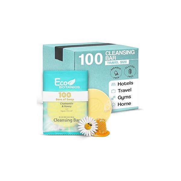 Eco Botanics Travel-Size Cleansing Bars | Individually Wrapped Single‑Use Hospitality & Hotel Amenities 0.5 oz Case of 100 Thin Mini Soap