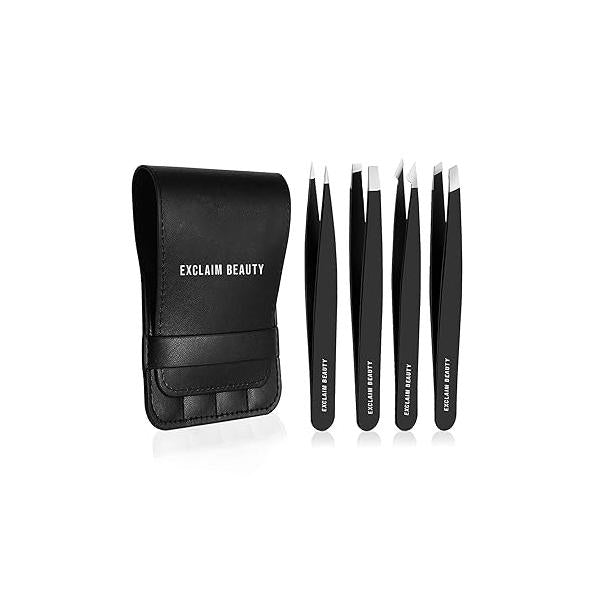 Tweezers for Women & Men Pack of 4 Stainless Steel Set, Precision Eyebrows Splinter Ingrown Hair Removal Kit with Leather Case - Matte Black