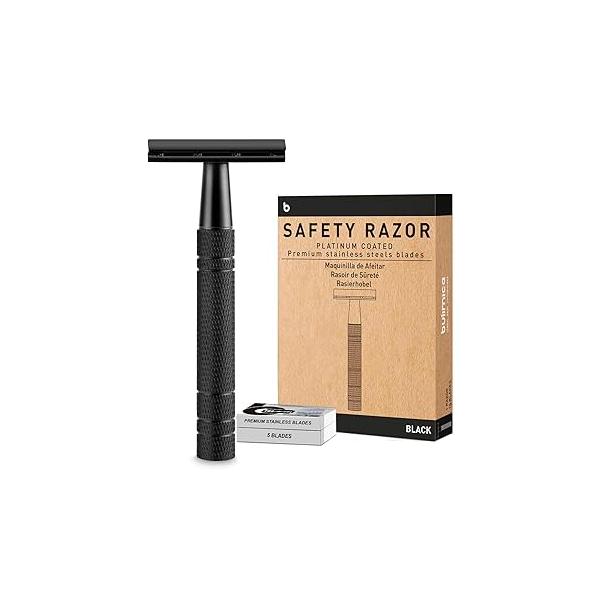 Matte Black Safety Razor, Single Blade Razors for Men, with 10 Stainless Steel Double Edge Blades, Reusable Metal 1 Eco-Friendly, Smooth and Close Shave, Sustainable, Plastic Free