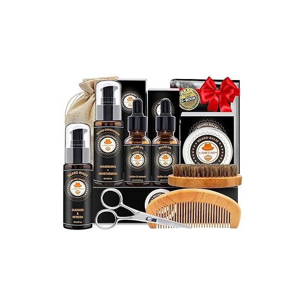 XIKEZAN Beard Kit for Men Grooming & Care w/Beard Conditioner, Wash, Oil, Balm, Brush, Comb,Fathers Birthday Valentines Gifts Him Dad Husband Boyfriend Christmas Stocking Stuffers