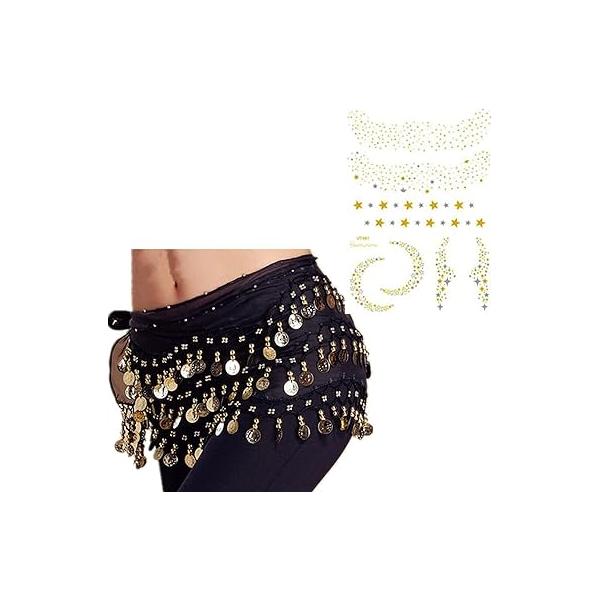 Multi-Row Gold Coins Belly Dance Wrap & Hip Scarf, Simple Classical Style -Black 128 Skirt and Face Tattoo Sticker Metallic Temporary Transfer