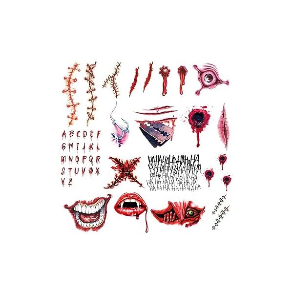 Ooopsiun Halloween Temporary Tattoos for Make Up - Bleeding Wound Fake Scar Stickers Party Zombies Cosplay
