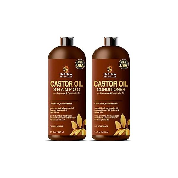 Castor Oil Shampoo and Conditioner Set for Hair Growth with Rosemary & Peppermint - Cleanse Hair, Strengthen Shine Anti-Hair Loss Men Women 16 fl oz