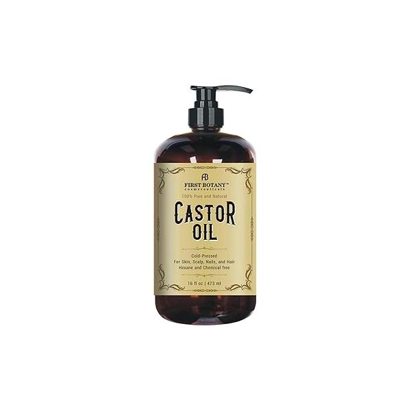 First Botany Castor oil 16 fl oz - The BEST Emollient for Skin, Hair & Nail Care Can be used as Growth Serum, Face Body Moisturizer, Eyebrow serum And Eyelash