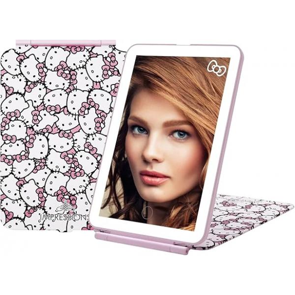 Impressions Vanity Hello Kitty Touch Pad Mini Tri-Tone Makeup Mirror with Animal Print Flip Cover and LED Strip, Travel Sensor Switch USB Extension (Animal Pink)