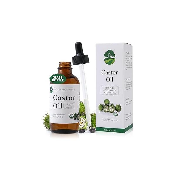 Organic Castor Oil Cold Pressed Unrefined - Hair Growth & Care, Thicker Eyelashes Eyebrows (4.23FlOz) Certified Organic, Hexane Free