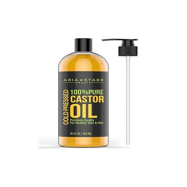 Aria Starr Castor Oil Cold Pressed - 16 FL OZ 100% Pure Hair For Growth, Face, Skin Moisturizer, Scalp, Thicker Eyebrows And Eyelashes