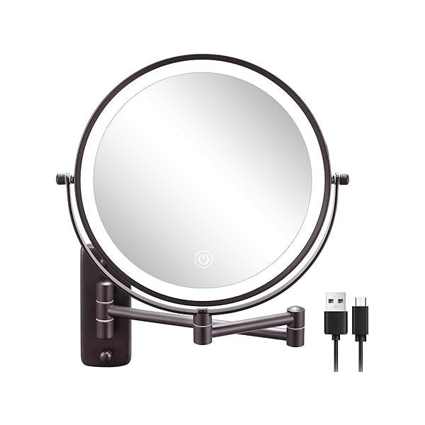 DECLUTTR 9 Inch Wall Mounted Lighted Makeup Mirror, Double-Sided Magnifying Mirror 1x/10x, 3 Colors Touch Dimmable 360° Rotation Foldable Light Up Bronze