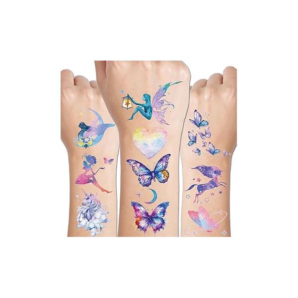 110 Glitter Styles Temporary Tattoos for Girls Women - 12 Sheets Dream Butterfly Moon Fairy Mermaid Party Favors Festival Makeup