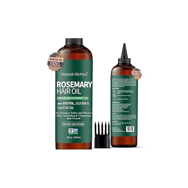 Natural Riches 100% Pure Premium Rosemary Oil For Hair Growth Infused With Biotin & Vitamin E Jojoba Castor Strengthening Treatment | Nourishing Volumizing Non GMO Verified 8 Fl oz.