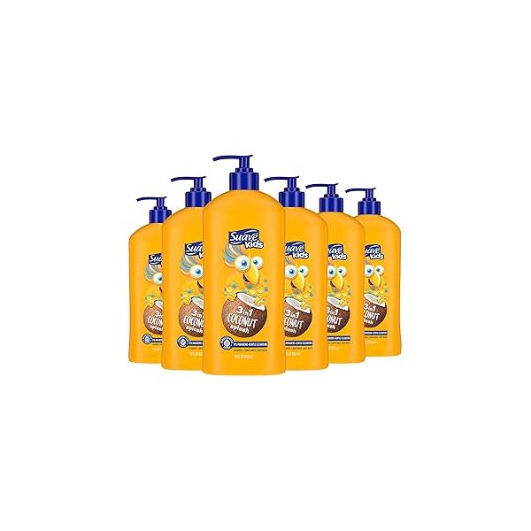 Suave Kids 3-in-1 Tear Free, Body Wash, Shampoo and Conditioners, Dermatologist Tested, Coconut Splash, 18 Oz Pack of 6