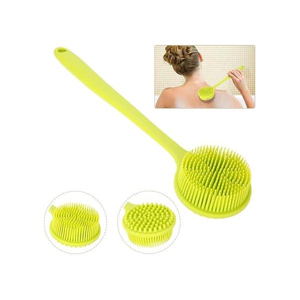 Double-Sided Shower Brush, Silicone Bendable 15Inch Long Handle Exfoliating Massage Body Brush Scrubber for Women, Elderly and Children Sensitive Skin Bath Tool