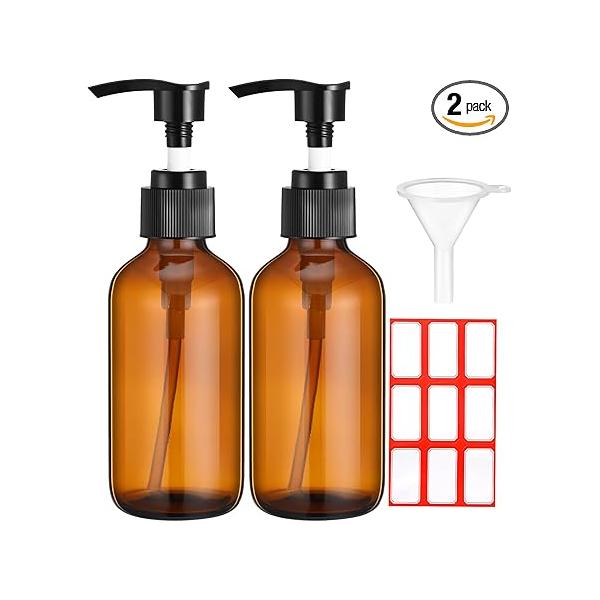 Fumete 2 Pack Glass Bottles 4oz Empty Refillable Liquid Containers with 1 Label Funnel for Essential Oils Hair Travel Plants Cleaning Skin Care(Amber, Black Top,Pump Bottle)