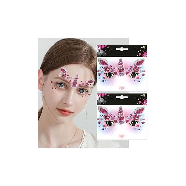 Unicorn Fake Tattoos Glitter Cartoon Face Temporary Cute Red Pink Hearts Jewels Tattoo Stickers for Adults Kids Christmas New Year Eye Makeup Kit Decor Supplies 2Pcs