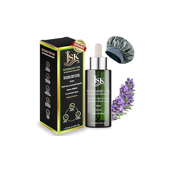 JSK Organic Rosemary Oil for Hair Growth 100% Pure & Steam-Distilled, USDA Certified, Non-GMO Scalp Treatment, Loss Dandruff Control, 100ML Glass Bottle + Bonus Silk Bonnet