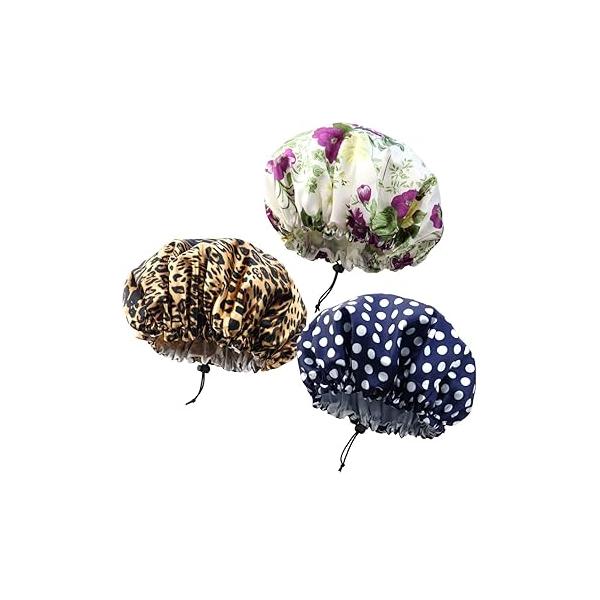 TCOTBE 3 Pieces Waterproof Shower Cap,Elastic Reusable Bathing Hair Cap Environmental Protection Bath Caps,Shower Caps for Women,Double Layers Hat
