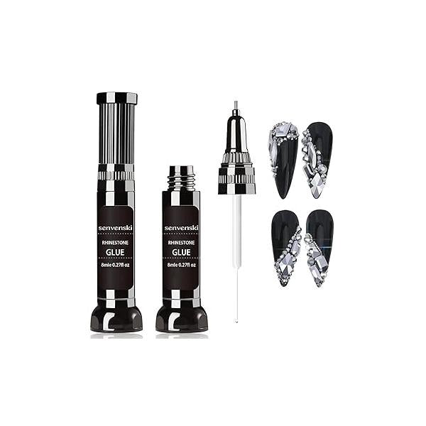 senvenski Nail Rhinestone Glue Gel for Art Decorations, 8ml x2 with Brush & Pen Tip (TB009)