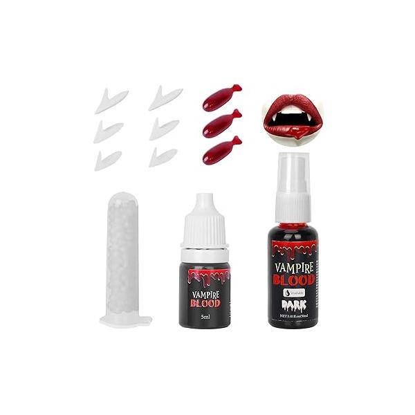 Halloween Vampire Teeth Fangs Makeup and Fake Blood Kit,1 Spray,1 Dripping Blood,3 Capsules 4 Sizes for SFX Cosplay