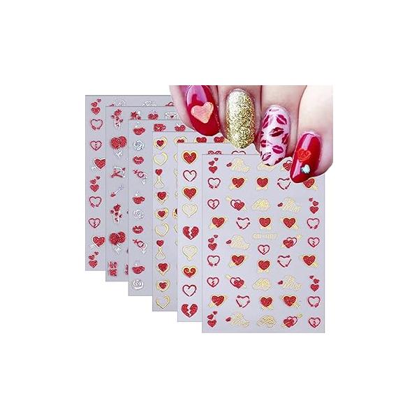 Valentine's Day Nail Art Stickers 6 Sheets Heart Decals 3D Self-Adhesive Decorations Moon Star Pattern Supplies Gold for Women Valentines Acrylic Accessories