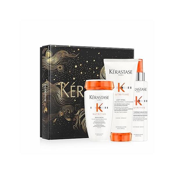 Kerastase Nutritive Set For Dry Hair - Shampoo, Conditioner, and Blow Spray All Types, Intensely Nourishes Moisturizes, Detangles & Prevents Frizz