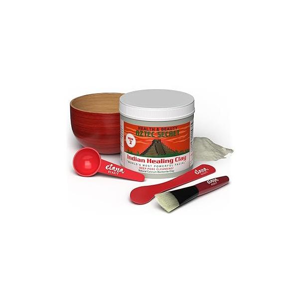 Aztec Secret Essential Indian Clay Mask Kit by Etana - 100% Natural Calcium Bentonite for Deep Pore Cleansing - Facial, Hair & Body Detox Set With Accessories