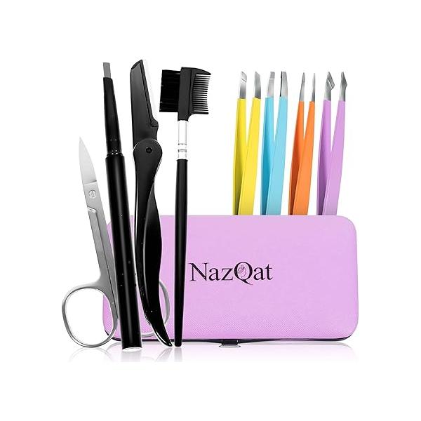 Exquisite Eyebrow Kit - 8 in 1 Tweezer 4 PCs Shaping Multipurpose Grooming kit Razor, Brush and Comb, Pencil, Scissors Padded Case
