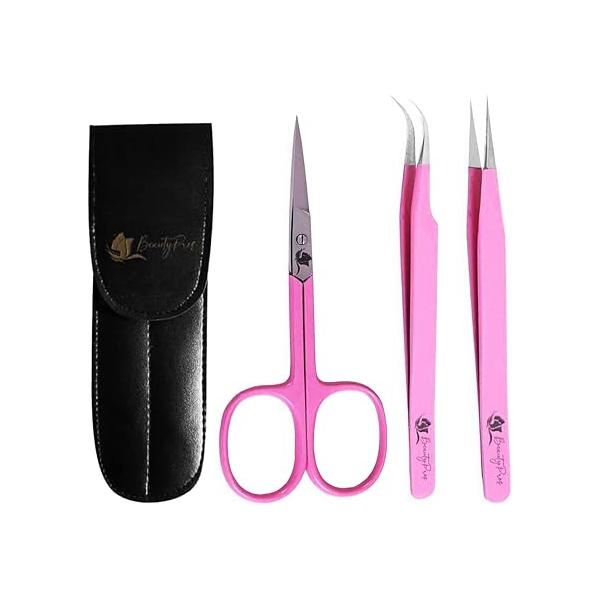 Lash Tweezers for Eyelash Extensions -Tweezer Set Straight & Curved With Eyebrows Scissor - 3 Pieces Extension Kit Stainless Steel (Pink)