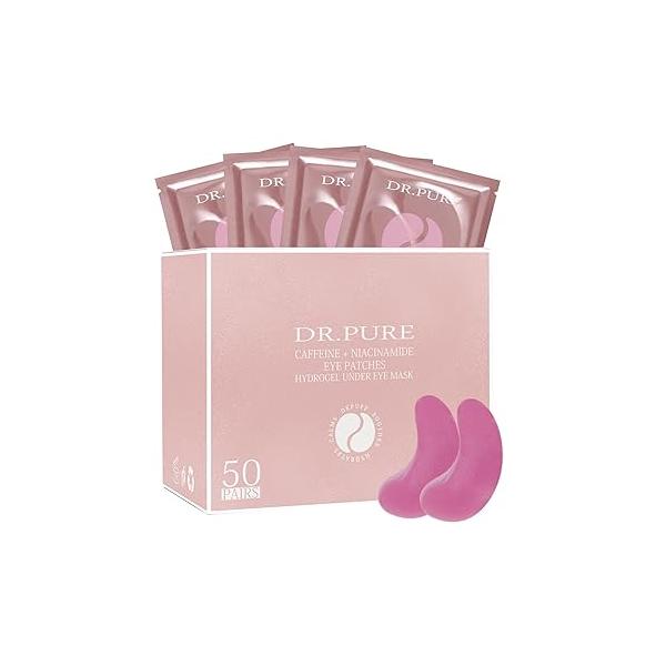 Dr. Pure Under Eye Patches for Puffiness: Caffeine Mask Dark Circles and Puffy Eyes with Niacinamide Hyaluronic Acid - Smooth Wrinkles Reduce Bags Undereye Gel Pad (50 Pairs)