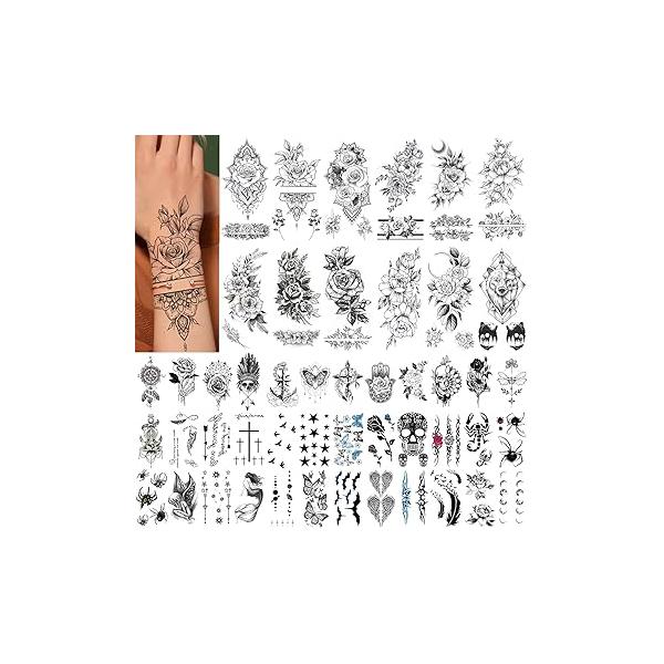 GLARYYEARS Floral Temporary Tattoo, 48-Pack Large + Small size Realistic Flower Tattoos, Mix Design Variety Pack Fake Tattoo Stickers for Women Girls Adults, Long-lasting Body Tattoos Party