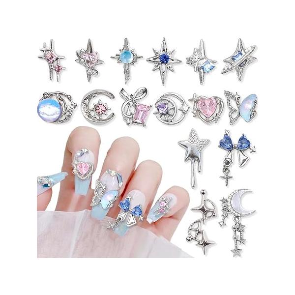 16 Styles Luxury Moon Star Nail Charms for Acrylic Nails Alloy Rhinestone Art 3D Bow Butterfly Silver Y2k Accessories Metal Jewels Supplies