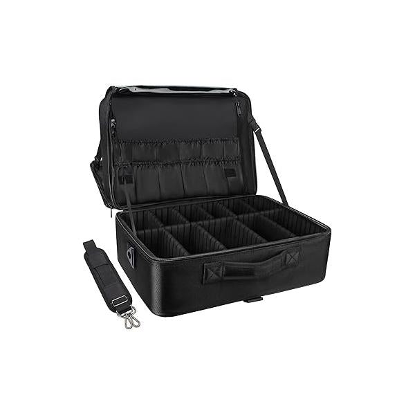 Relavel Extra Large Makeup Case Travel Train Professional Artist Bag Portable Nail Organizer Box Art Supply with Adjustable Dividers/Attach to Trolley/Shoulder Strap (Black)