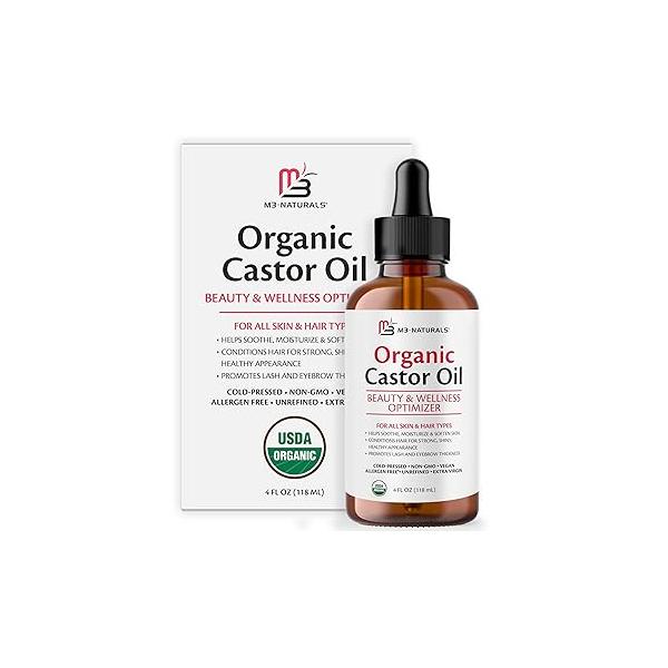 M3 Naturals 100% Pure Organic Castor Oil for Hair Growth, Face and Body Care | Hexane-Free, Cold Pressed, Unrefined in a 4 fl oz Glass Bottle with Dropper Promotes Thicker Lashes Eyebrows