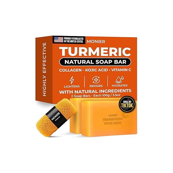 MONIER Turmeric Soap Bar for Dark Spots - With Kojic Acid, Collagen, Coconut Oil, Vitamin C, E Moisturizing & Nourishing Vegan Natural (2 Bars + Storage Net)