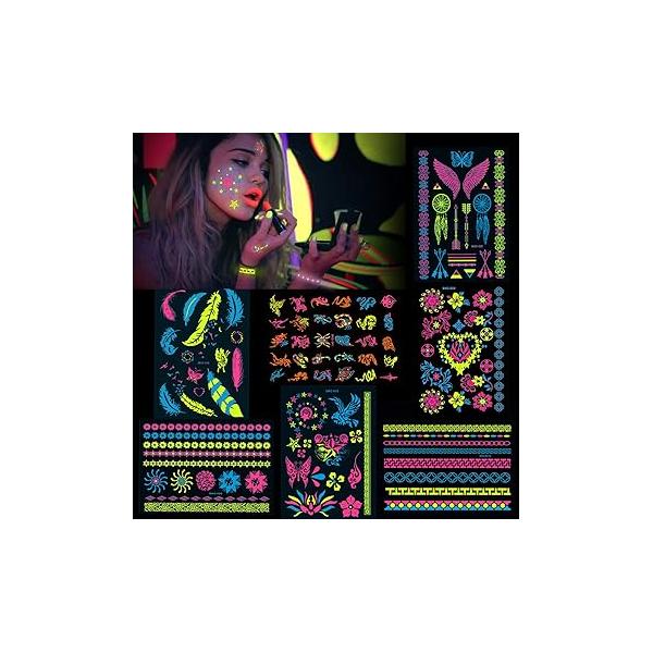 HOWAF 7 Large Sheets Neon Temporary Tattoos, 100+ Shimmer Designs Glow UV Body Face Skin Tattoo Jewellery Tattoos Flash Fake Waterproof Stickers for Women Girls Art